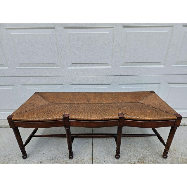 Late 20th Century Antiqued Rush Three Seat Bench With Kilim Style Cushion For Sale - Image 5 of 13
