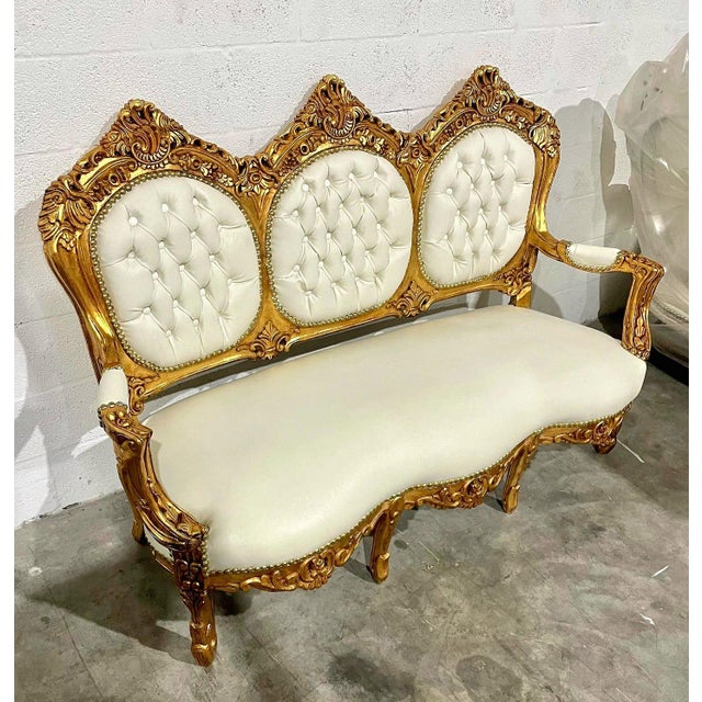 White Leather French Rococo Sofa – Gold Leaf Frame For Sale In Miami - Image 6 of 7