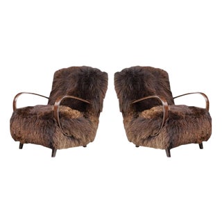 Dutch Lounge Chairs in Dark Sheepskin from Jindřich Halabala, 1940s, Set of 2 For Sale