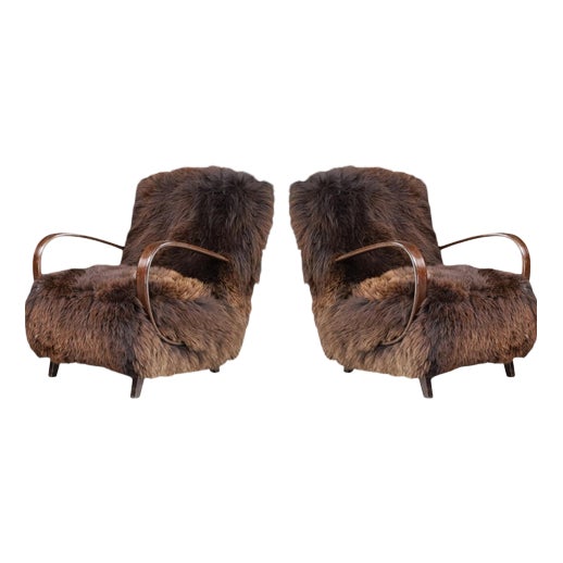 Dutch Lounge Chairs in Dark Sheepskin from Jindřich Halabala, 1940s, Set of 2 For Sale