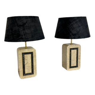 Vintage Italian Style Table Lamps in Travertine Marquetry with Brass Details from Maitland Smith, 1980s, Set of 2 For Sale