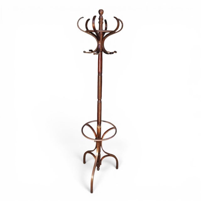 Mid 20th Century Vintage Bentwood Coat & Hat Rack, Hall Tree Thonet Style With Umbrella Ring For Sale - Image 5 of 13