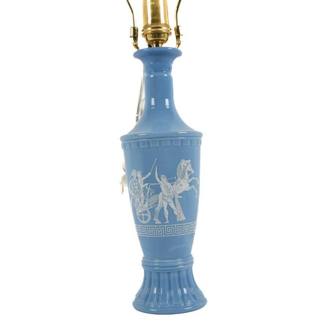 Vintage Jim Beam Blue Milk Glass Table Lamps With Greco‑Roman Chariot Reliefs, Pair For Sale - Image 4 of 5