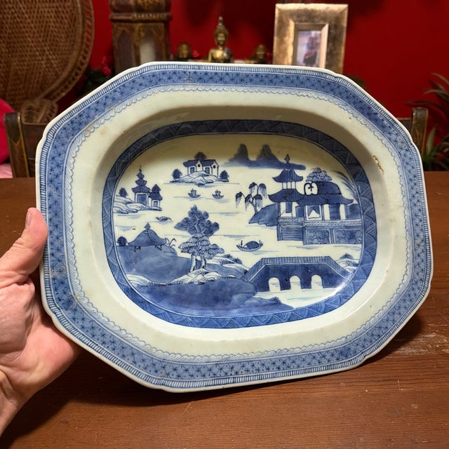 Antique Chinese Blue and White Canton Porcelain Deep Platter, Circa 1830s For Sale - Image 12 of 12