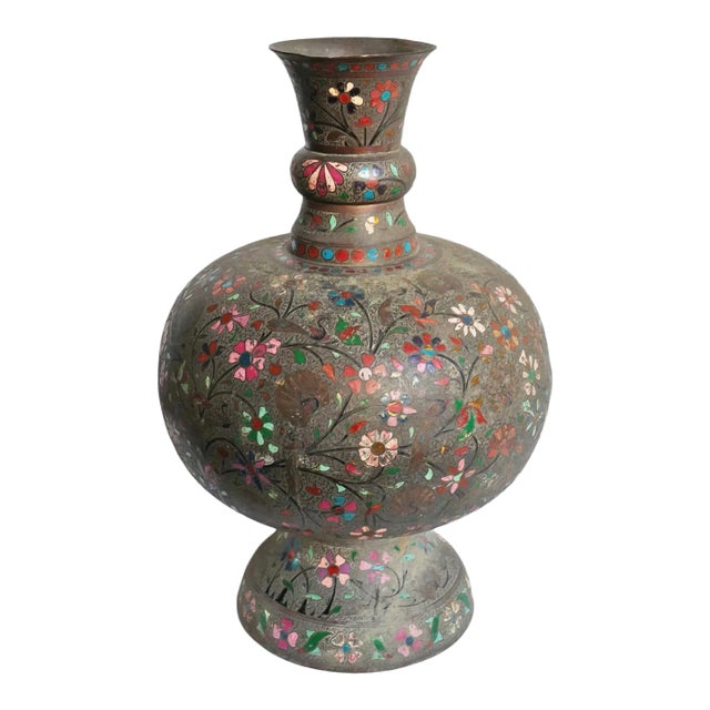 Antique Rajasthan Bronze Engraved Enamel Work Vase For Sale