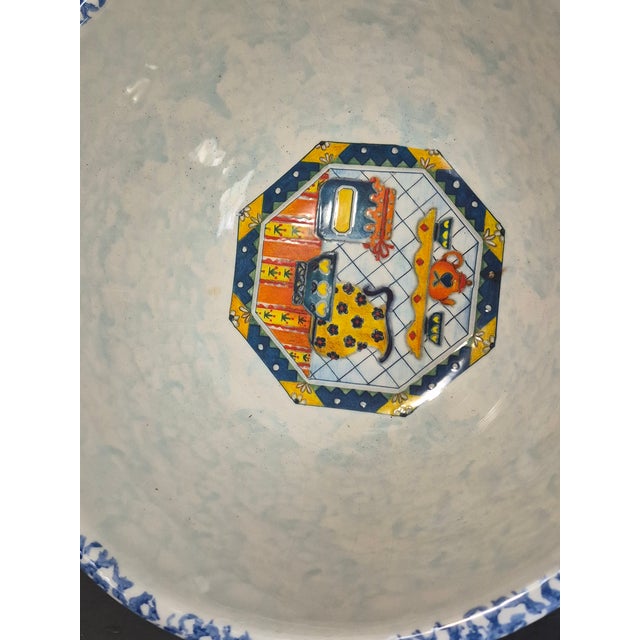 Blue Vintage Large Italian Ceramic Pasta Bread Dough Bowl Blue Spongeware Rim For Sale - Image 8 of 11