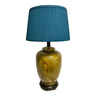 1970s Boho Chic Chartreuse Ceramic Glazed Table Lamp With Deep Cerulean New Shade For Sale