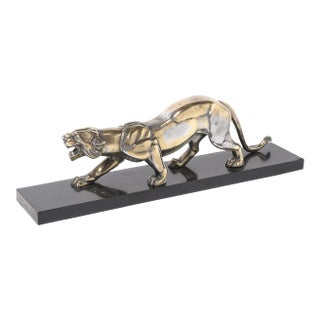 Art Deco Silvered Bronze Lion Sculpture on Black Marble Base For Sale