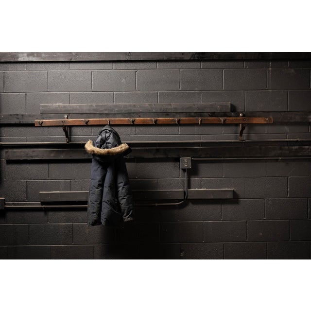 Antique wooden butcher shop meat rack with cast iron hooks. This piece features a single 7' L oak board that has had 11...