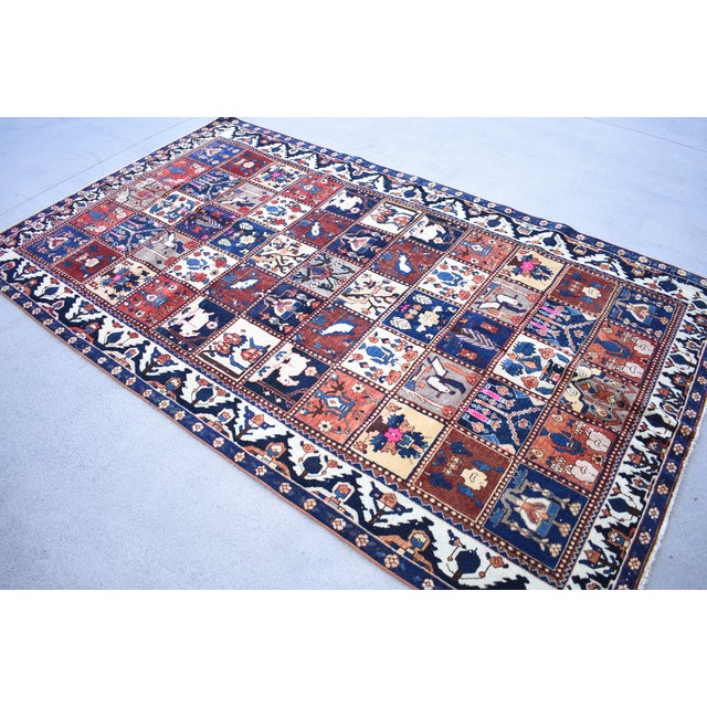 Mid-Century Modern 5.4 X 9.3 Ft Hand-Knotted Turkish Vintage Rug - Blue & Red Pictorial Grid Pattern For Sale - Image 3 of 10