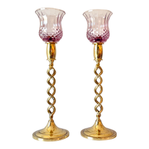 1960s Lacquered Brass Twist and Pink Glass Candleholders: A Pair