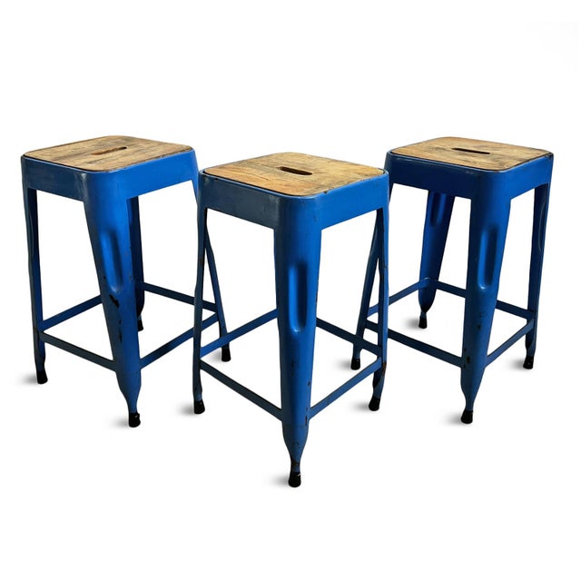 Wood Vintage Industrial Blue Iron Stool For Sale - Image 7 of 7