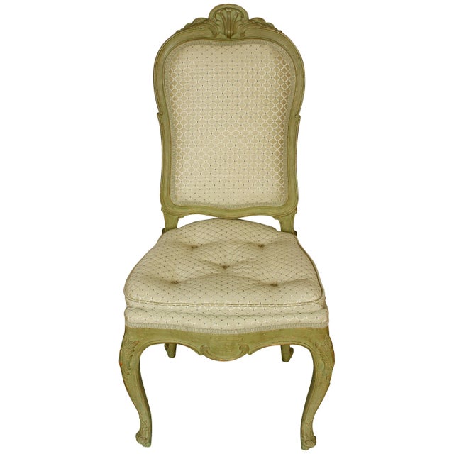 Pair of Green Painted French Style Side Chairs With Shell Motif and Tufted Seat For Sale In New York - Image 6 of 6