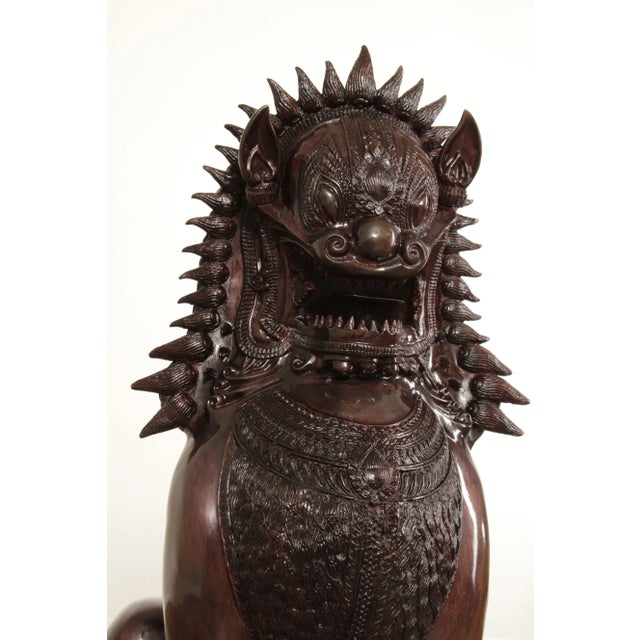 Metal Quality Pair of Large Thai Foo Dog Bronze Statues For Sale - Image 7 of 13