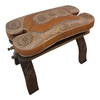 Moroccan Camel Leather Cushion Wooden Base Saddle Stool For Sale
