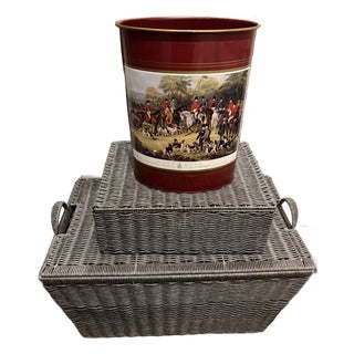 1960s English Oval Red Metal Wastebasket W/ Fox Hunt Artwork - The Bury. Very Clean For Sale