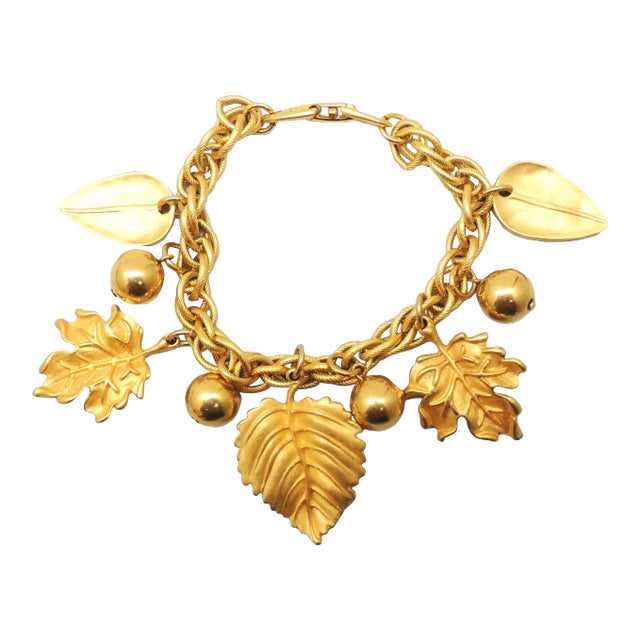 Vintage Signed Napier Goldtone Leaves Charm Bracelet For Sale