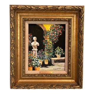 1980s Francis “Duke” Downs Signed Palm Beach Garden Oil on Canvas in Ornate Gilt Frame For Sale