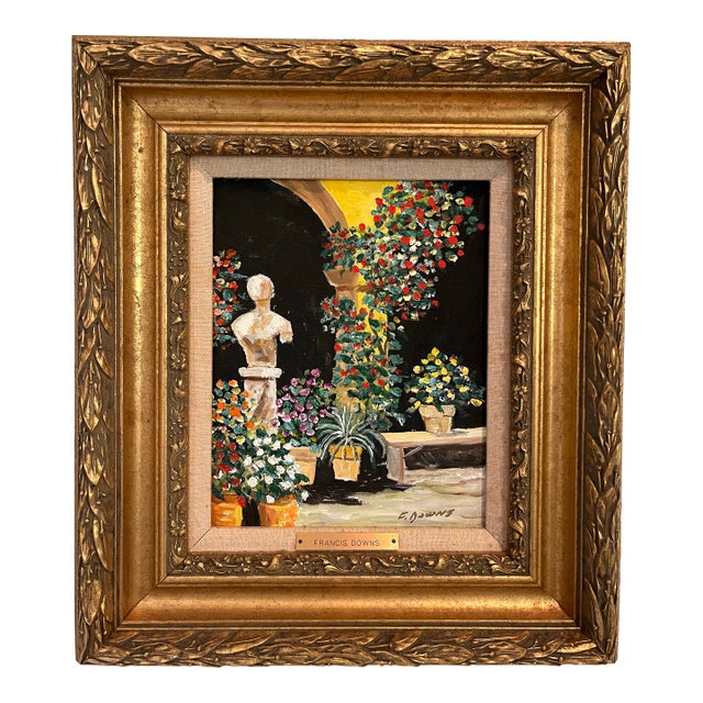 1980s Francis “Duke” Downs Signed Palm Beach Garden Oil on Canvas in Ornate Gilt Frame For Sale