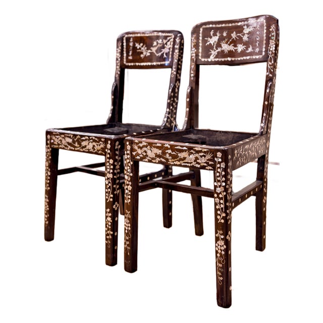 Mid 20th Century Chinese Lacquered Mother of Pearl Chair Set For Sale