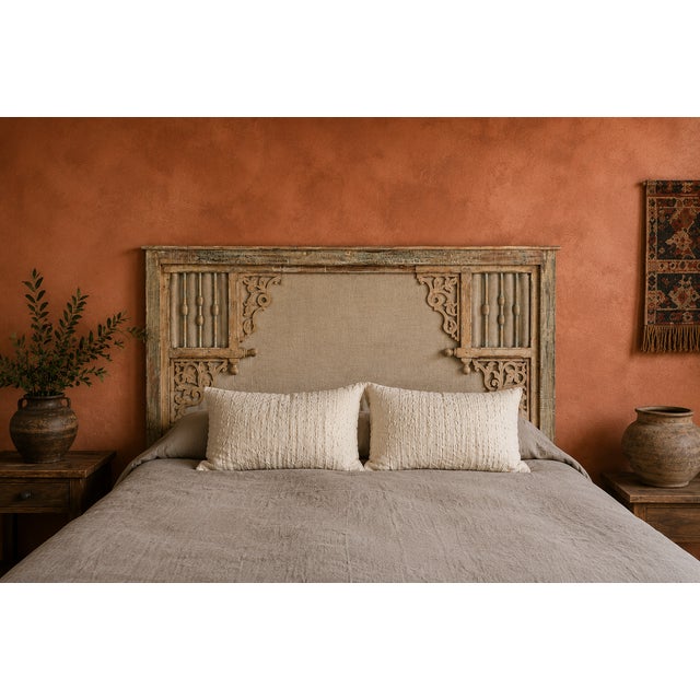 Indian King Size Headboard constructed from Antique Indian Architectural Components, featuring carved teakwood archway...