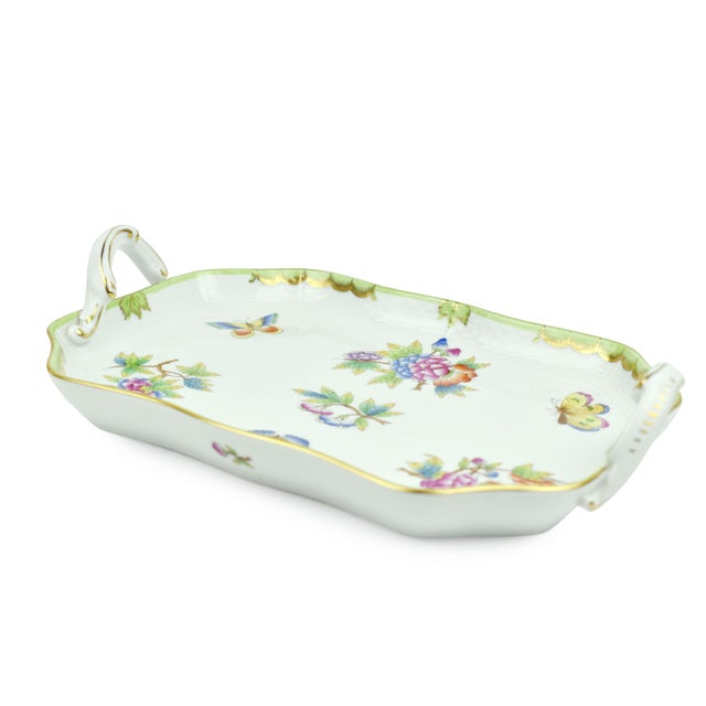 Chinoiserie Hand Painted Herend Green Boarder Queen Victoria Pattern Tray With Handles Hungary For Sale - Image 3 of 8