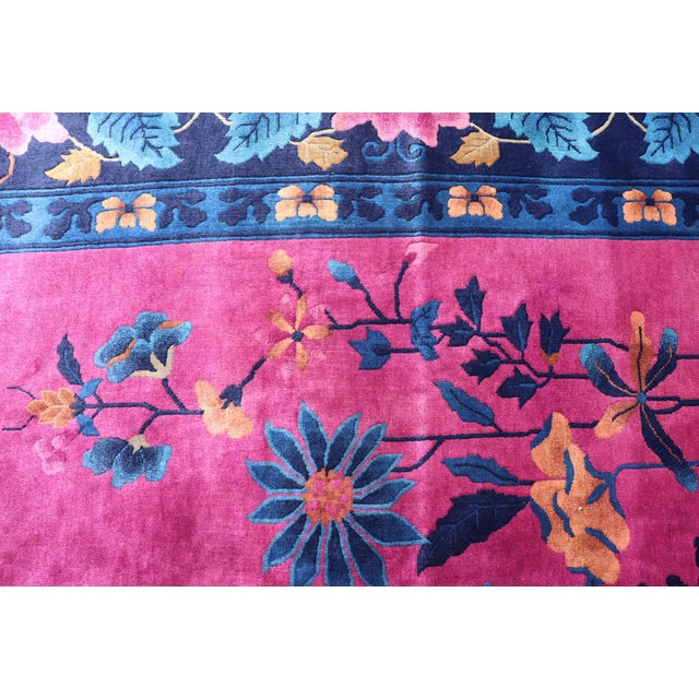 Magenta Background Chinese Art Deco Rug With Large Vining Flowers and Leaves 12'0 X 14'8 For Sale - Image 9 of 12