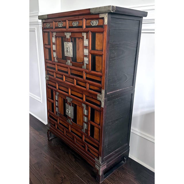 Korean Two-Level Stacking Chests with Mirrored Persimmon Wood Panels For Sale In Atlanta - Image 6 of 12