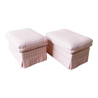Contemporary Pink & Green Over White Ottomans on Wheels - a Pair For Sale