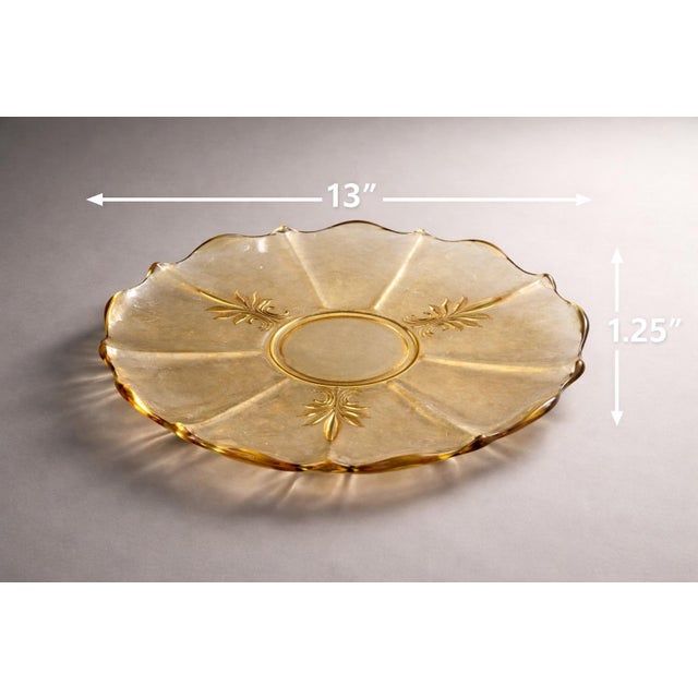 Hollywood Regency Vintage Amber Pressed Glass Platter — Scalloped Floral Catch-All Tray for Console, Coffee Table or Vanity (14”) For Sale - Image 3 of 6
