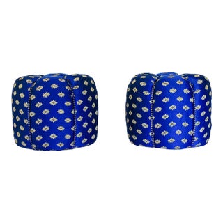 Pair of Sapphire Blue and Gold Poufs For Sale