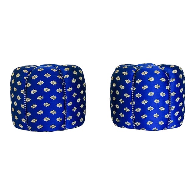 Pair of Sapphire Blue and Gold Poufs For Sale