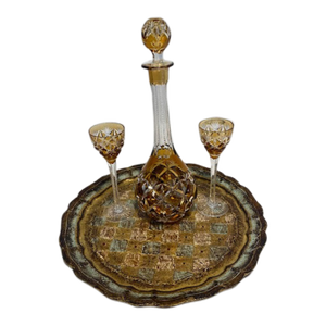 Vintage Amber Crystal Cut to Clear Cordial Decanter, 2 Glasses and Tray