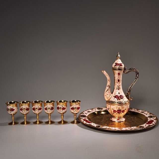 Traditional Vintage Gilt and Enamel Liqueur Set With Floral Motif and Tray For Sale - Image 3 of 9