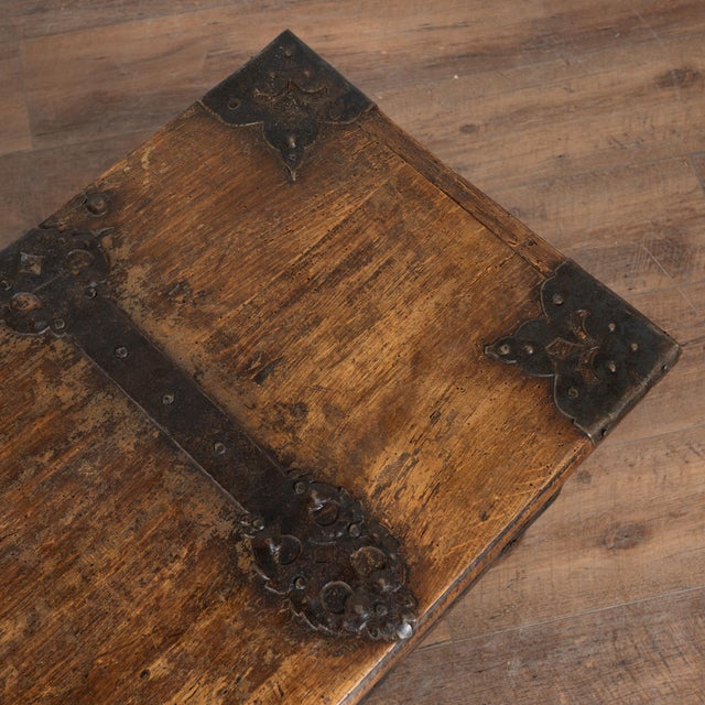 Wood 19th Century Flat Top Pine Trunk With Wrought Iron Details, Sweden For Sale - Image 7 of 11