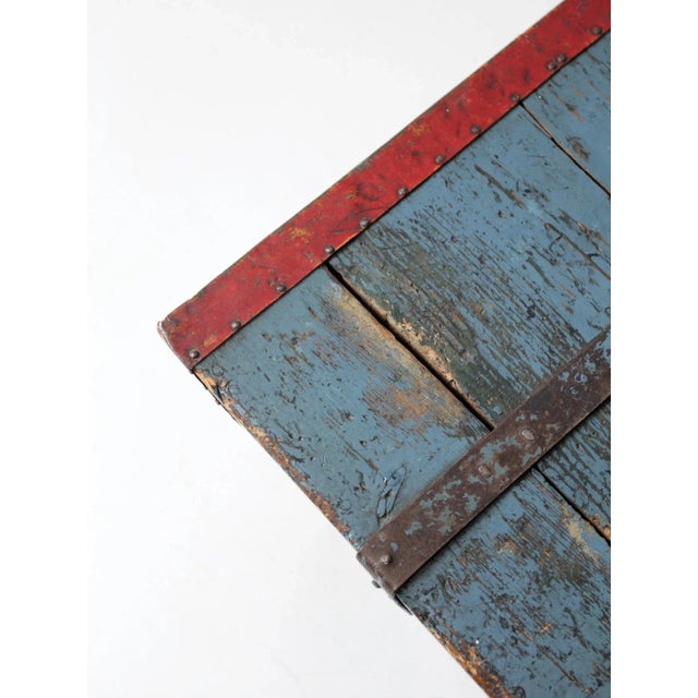 Early 20th Century Antique Blue Hand-Painted Wood Trunk For Sale - Image 5 of 13