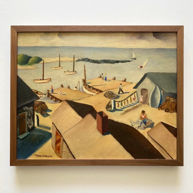 Frank Carson Vintage 1942 Modernist " Provincetown Bay Beach, Waterfront Seascape " Framed Original Signed Post-Impressionist Oil Painting For Sale - Image 16 of 16