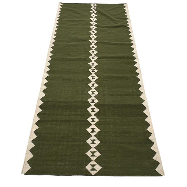 Mid-Century Modern Handmade New Zealand Wool Dhurrie Runner, Olive Green and Cream Diamond Runner Rug- 4'x10' For Sale - Image 3 of 13
