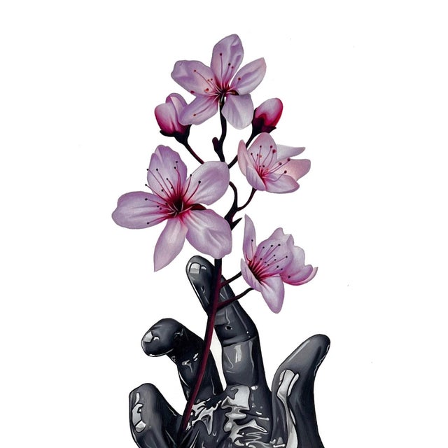 This artwork features a striking black hand emerging from a smooth, white background, delicately grasping a branch adorned...