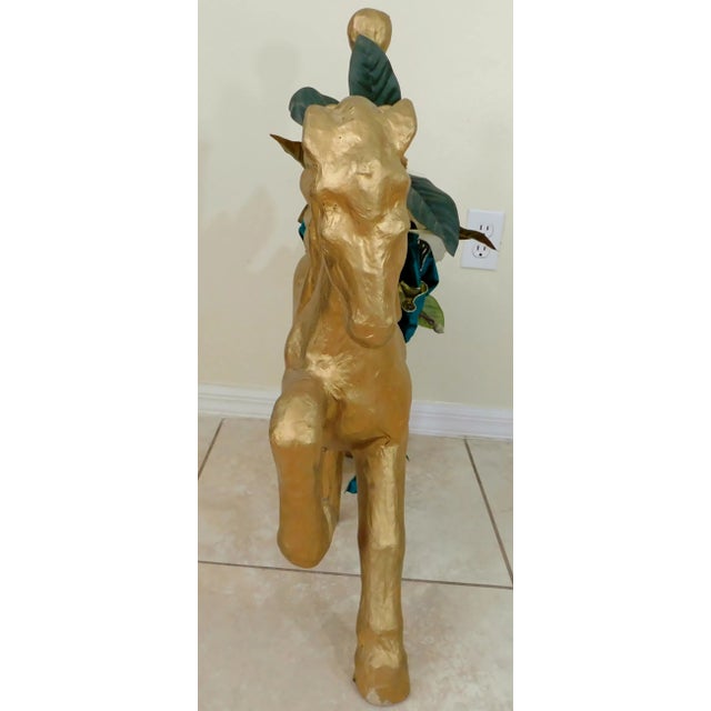 X-Large Vintage Gold Hand Painted & Decorated Paper Mache Carousel Horse For Sale - Image 4 of 9