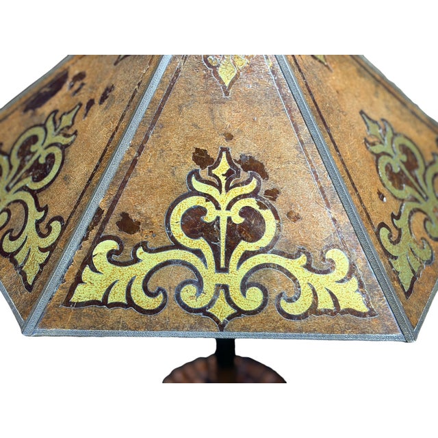 1910s Antique 1910s Edward Miller Table Lamp With Original Copper Finish, 1920s Orange and Gold Mica Shade With Rewired Pullchain Socket For Sale - Image 5 of 18