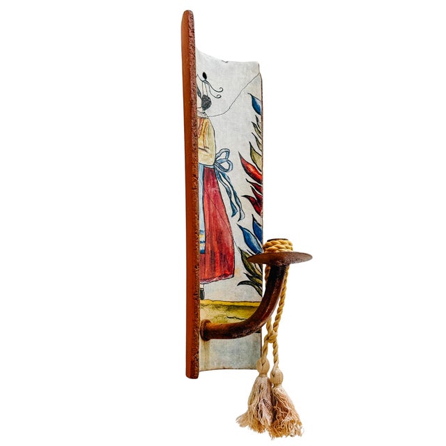 1980s French Provincial Terracotta Tile Candle Sconces With Breton Folk Figures - A Pair For Sale - Image 13 of 16