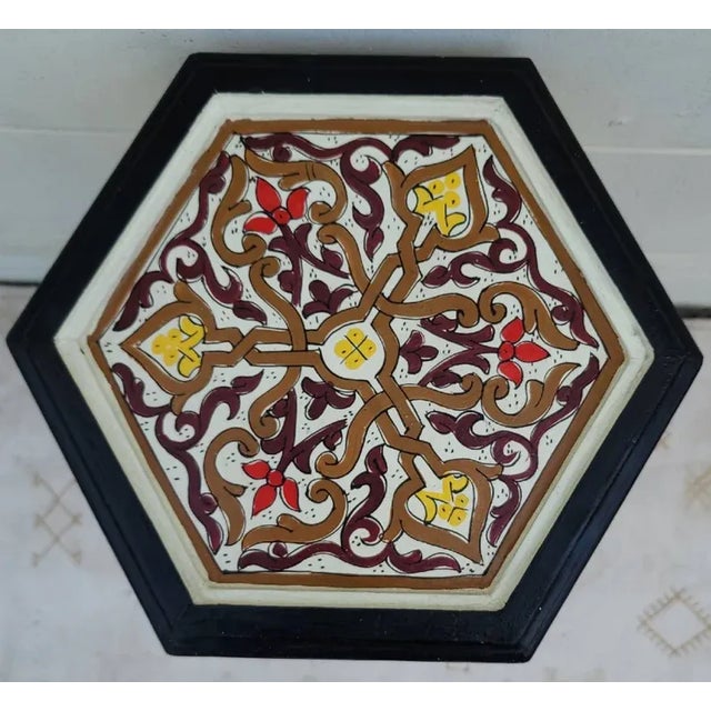 Moroccan Hexagonal Hand Painted Wooden Side Table in White Zouak For Sale - Image 4 of 7