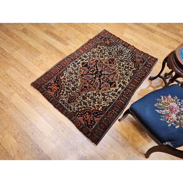 19th Century Persian Farahan Rug, Hand-Knotted Wool, Floral Pattern, Tan & Navy, 4x5 For Sale - Image 16 of 16