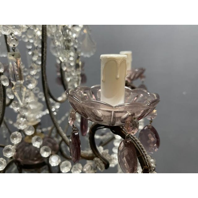 Vintage Italian Crystal Beaded Chandelier with Lilac Glass Bobeches, 1960s For Sale - Image 11 of 18