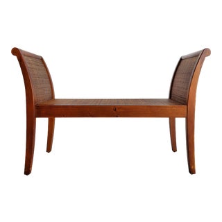 Vintage Wood Bench with Inset Woven Cane For Sale