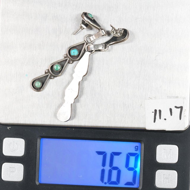 Mid 20th Century Vintage Zuni long dangle snake eye turquoise sterling shadowbox earrings, 2 pieces For Sale - Image 5 of 5