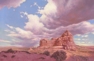 Ham Rock by Mark Harrison | Oil on linen Landscape featuring a rock formation under a cloudy sky