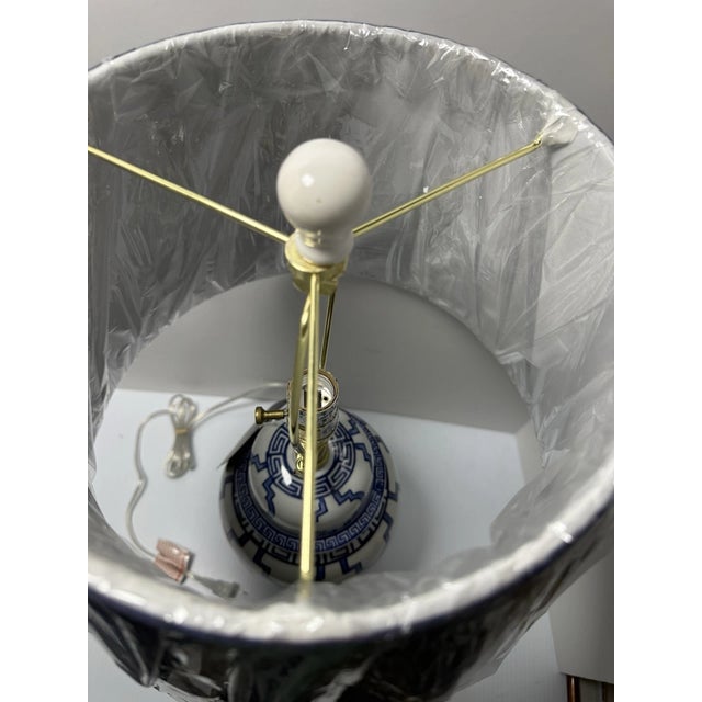 1990s Brooks Brothers Home Decor White and Blue Table Lamp For Sale - Image 5 of 6