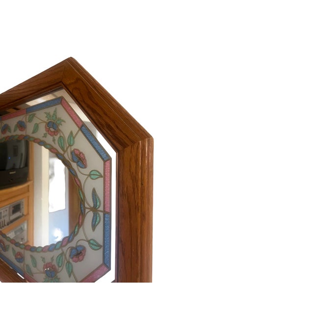 Vintage Octagon Wall Mirror: 1980s Postmodern Leaf Design, Windsor Oak Frame For Sale In Palm Springs - Image 6 of 12